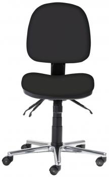 The image shows a simple black office chair with a round seat and a high backrest. It has five casters and a chrome base that provides stability.