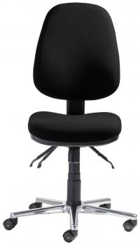 The office chair is black with a high backrest. It has a padded seat, is height-adjustable, and is on a five-pronged base with casters.