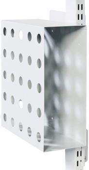 The image displays a rectangular, white metal shelf with numerous round holes. It is open and mounted on a vertical surface, likely for storing items.