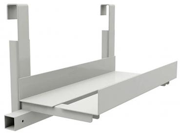 The image shows a metallic bracket with two vertical bars and adjustable screws on the sides. Below, a black, flat shelf is attached.