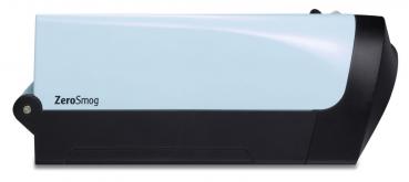 The image depicts a modern, compact device in a mix of light blue and black plastic. It has a smooth, rounded shape and the word "ZeroSmog" is printed on the side.