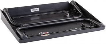 The image shows a black, flat surface with curved, black tubes on the sides. The structure is foldable, with a simple locking mechanism at the top center.
