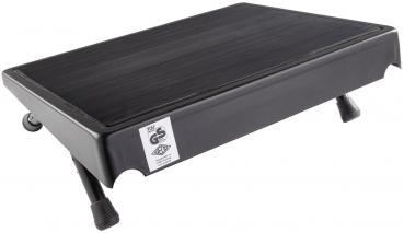 The image shows a rectangular, black platform with a slightly textured surface. It has four legs that are adjustable in height, and a pleasant, modern appearance.