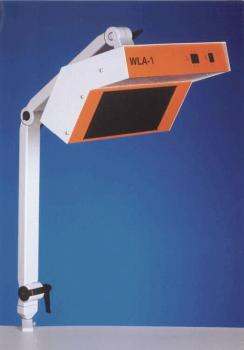 The image shows a reading lamp with a large, rectangular shade. The shade is orange and black, attached to a flexible arm that can be mounted on a wall or a table.