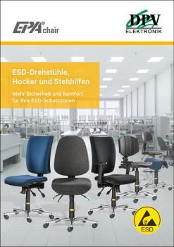 The image displays a brochure about ESD chairs, stools, and standing aids in a modern space with multiple workstations. The focus is on safety and comfort in ESD-protected areas.