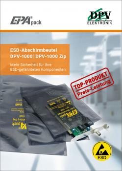 The image displays packaging for ESD shielding bags that provide protection for electrostatically sensitive components. Above, product details and the manufacturer's logo are visible.