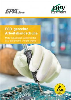The image shows a hand in an ESD glove holding a tool on a circuit board. The background is blurry, suggesting an electronic environment. Logos and text are visible at the top.