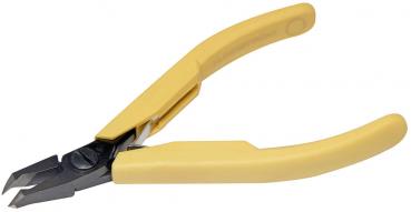 The image shows a yellow pliers with flat, ergonomic handles and a narrow, pointed cutting edge. It is suitable for precise cutting or gripping of small objects.