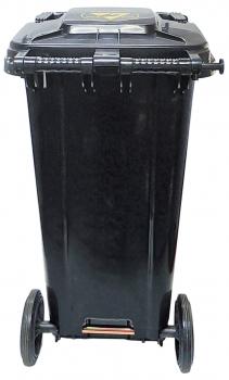 The image shows a black trash can with two wheels. It has a solid lid that is secured with a lock. The front is smooth and straight.