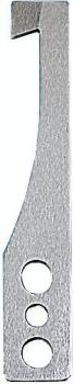 The image shows a metallic tool with a long, narrow shape. It has a notched edge and three round holes in a row. The surface is textured and silver.