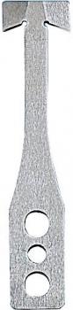 The image shows a metallic tool with a long, flat shape. At the top, it has a narrow notch, and below there are three round recesses. The surface is textured.