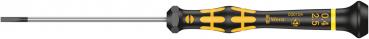 The image shows a screwdriver with a black handle featuring yellow and gray patterns. The tip is slim and straight, suitable for screws.