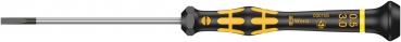 The image shows a screwdriver with a black handle and yellow accents. The blade is thin and straight. The handle has an ergonomic shape for a better grip.