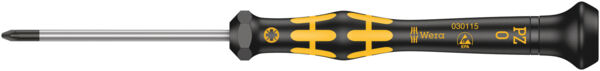 The image shows a screwdriver with a long, pointed metal head and an ergonomic handle. The handle is black with yellow accents and features non-slip areas for better grip.