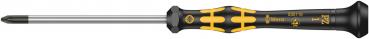 The image shows a screwdriver with a long, thin metal handle and a screw head slot. The handle is black with yellow accents and has a non-slip surface.