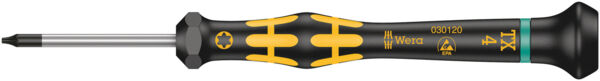 The image shows a screwdriver with a black handle and yellow details. The blade is straight, metallic, and has a star-shaped tip. There are size markings on the handle.