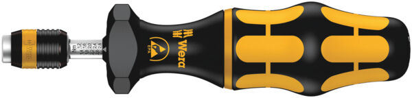 The image shows a screwdriver with an ergonomic handle. The handle is black with yellow, non-slip rubber areas. At the tip is a detachable head that can be used for various types of screws.