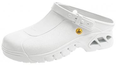 The image shows a white clog made of lightweight material. It has an open heel, an adjustable strap, and a non-slip sole with air vents on the sides.