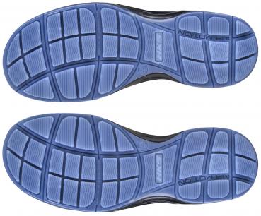 The image displays the undersides of shoes. The sole is primarily black with blue rubber inserts, which are structured by a diamond-shaped pattern.