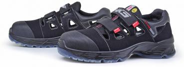 These are black safety shoes with a sturdy rubber sole and multiple Velcro fastenings. They feature closed toes and side ventilation openings for comfort.