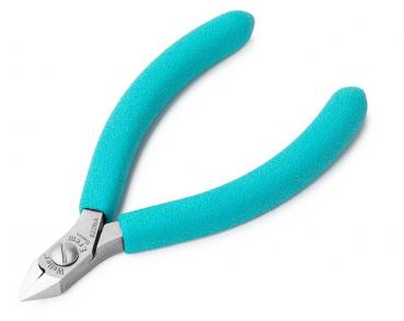 The image shows a pair of pliers with short, rounded metal blades. The handles are coated with a non-slip, turquoise coating.
