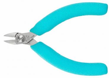 The image shows a pair of pliers with short, pointed blades. The handles are turquoise and ergonomically shaped, allowing for a comfortable grip. The blades are made of metal and are shiny.
