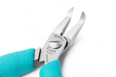 The image displays a narrow pair of pliers with two pointed blades. The handle is wrapped in non-slip, turquoise material. The brands "Weller" and "Erem Swiss" are marked on the pliers.
