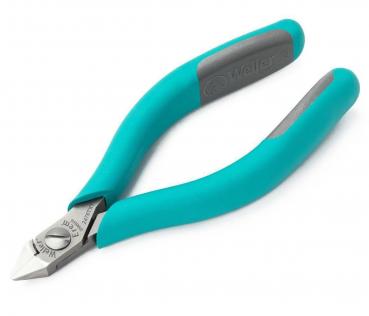 This is a pair of pliers with green, rubberized handles and a sharp cutting edge. The pliers have a compact, ergonomic shape, ideal for precise work.