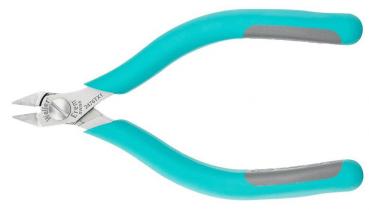 It is a pair of pliers with narrow, pointed blades. The handles are turquoise with gray rubber inserts for better grip. The pliers are designed for precise work.
