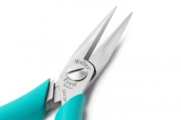 The image displays a fine pair of pliers with sharp, polished stainless steel jaws. The handle is in a light turquoise. Manufacturer information is embossed on the pliers.