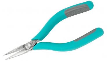 This is a pair of pointed pliers with long, narrow jaws. The handles are ergonomically designed and made of a turquoise, rubberized material. They are slip-resistant and comfortable.