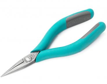 The image shows a pair of pliers with long, pointed metallic jaws and ergonomic, turquoise rubber handles. The pliers are suitable for precise tasks.