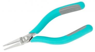 The image shows a pointed pair of pliers with long, narrow jaws. The handle is turquoise with gray rubber coatings for better grip. The pliers are suitable for precise tasks.