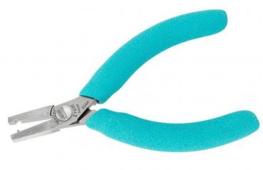 The image shows a pair of pliers with curved, green handles made of soft material. The pliers have a silver tip with a special opening that is easy to grip.