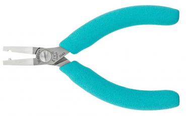 The image shows a small pair of pliers with narrow, straight metal jaws. The handles are in a light turquoise color and have a rubber-like texture. The pliers are suitable for precise tasks.