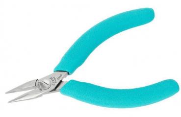 The image shows a small pair of pliers with narrow, pointed blades. The handles are in a striking turquoise and covered with non-slip material.