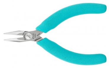 The image shows a pointed pair of pliers with long, narrow jaws made of shiny metal. The handles are in a light turquoise shade and have a non-slip surface.