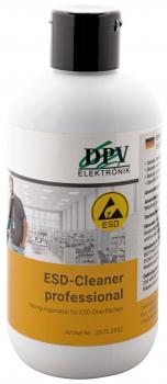 The image shows a bottle with a white and green label. It reads "ESD-Cleaner professional". There is a yellow ESD symbol and an illustration of a factory space in the background.