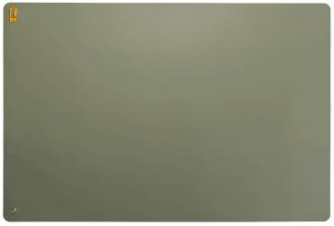 The image shows a rectangular area in matte olive green. The surface appears smooth and solid-colored, without any discernible patterns or textures. A small sticker is located in the upper left corner.