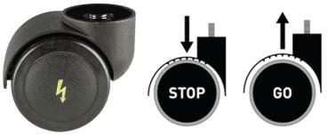 The image shows a black control unit with a lightning bolt symbol. Next to it are two symbols: a stop sign with a downward arrow and a go sign with an upward arrow.
