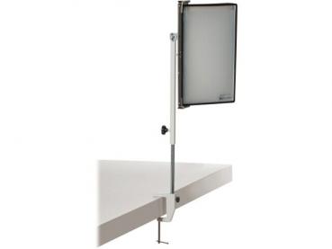 The image shows a desk mount for a display. The mount is made of metal and consists of a vertical arm attached to the edge of a desk. The display is positioned vertically.
