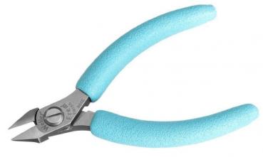 The image shows a pair of pliers with blue, non-slip grips and a silver, shiny cutting edge. The pliers have a compact shape with a slightly pointed end for precise work.