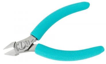 In the image, there is a pair of pliers with sharp, forward-facing cutting edges. The handles are light blue and are coated with a non-slip material. It appears handy and precise.