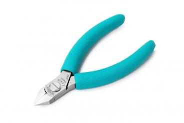 The image shows a small pair of pliers with a diagonal cutting edge made of shiny metal. The handles are in a light turquoise and have a non-slip surface.