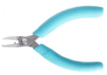The image shows a small pair of pliers with flat, pointed jaws. The handles are covered with a light blue, non-slip material to provide better grip.