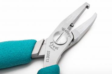 The image shows a pair of pliers with shiny, silver jaws and two ergonomic, turquoise handles. The pliers have a fine, straight tip and are suitable for precise gripping.