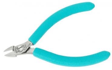 The image shows a pair of pliers with a silver head and turquoise, non-slip handles. The pliers have a sharp edge for cutting, suitable for delicate work.