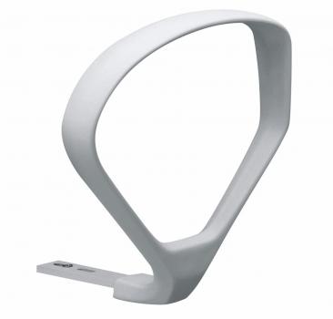 The image shows a sculptural, modern holder made of white plastic. It has a curved shape with a broad, slightly oval top part and a stable, flat base.