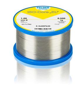 The image shows a spool of solder. The spool is round, made of metal, and has blue labeling. It contains solder with a diameter of 1.0 mm and 3.5% flux.