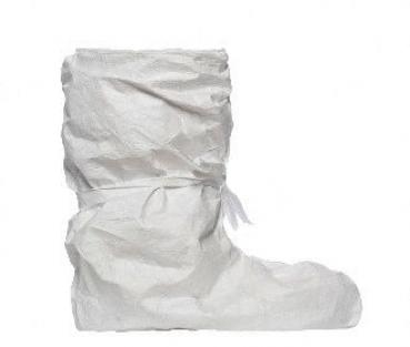 The image shows a tall, white boot made of paper-like material. It has a crinkled texture and is tied with a ribbon. The boot appears light and unconventional.